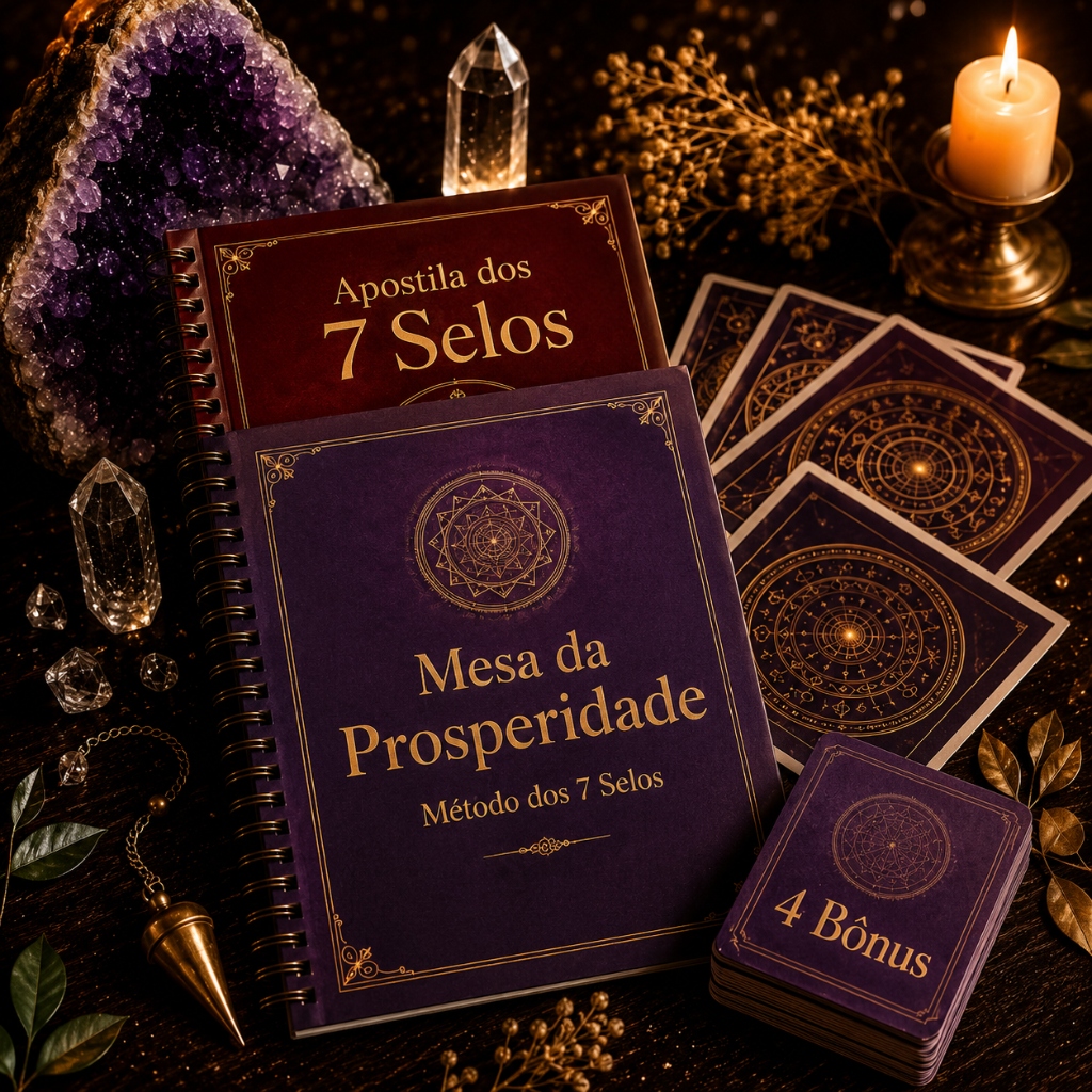 Kit Completo Mesa da Prosperidade com Apostila dos 7 Selos, 4 Bônus e Cartas Radiônicas